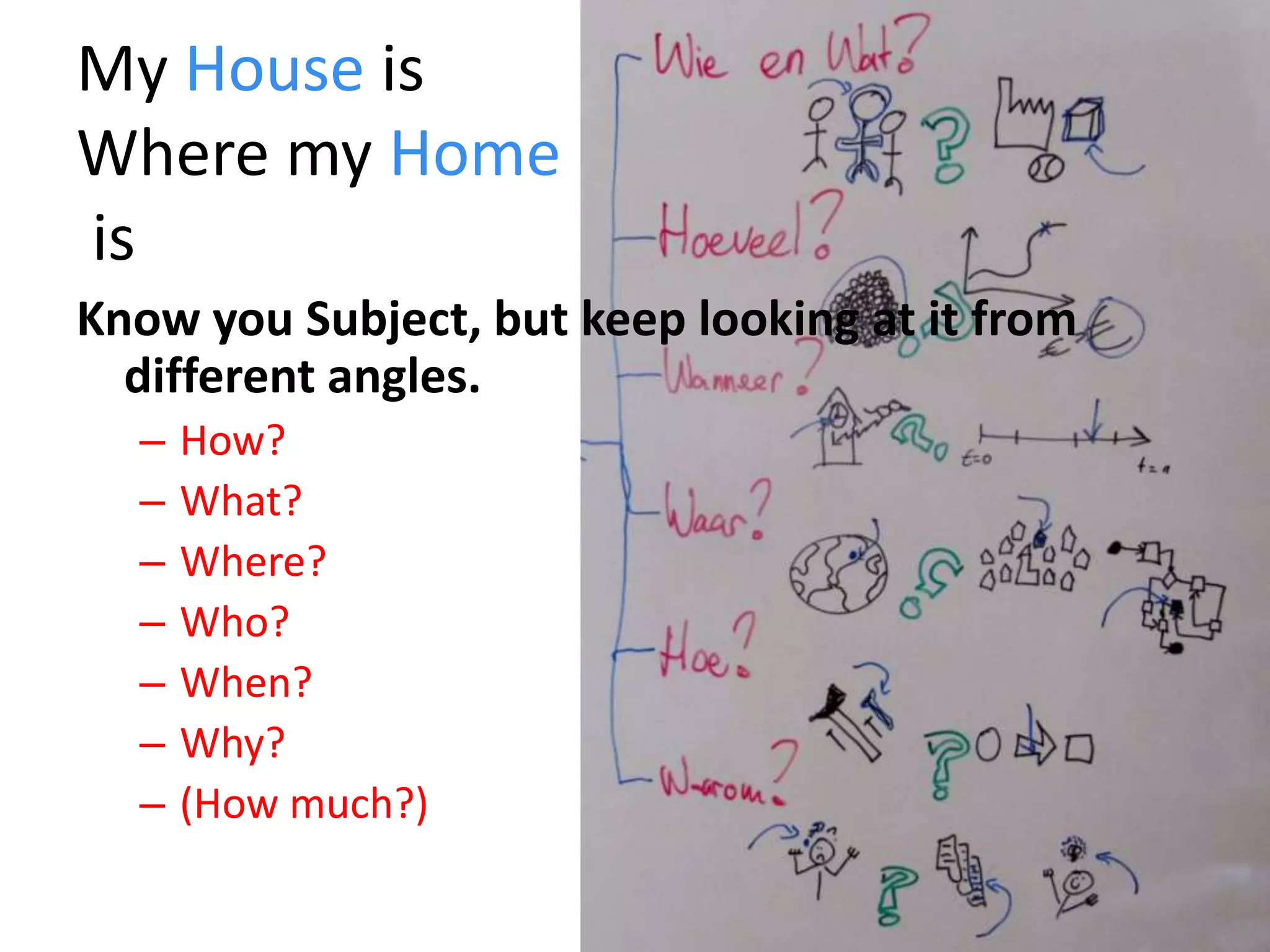 My House is Where my Home isKnow you Subject, but keep looking at it from different angles.How?What?Where?Who?When?Why?(How much?)
