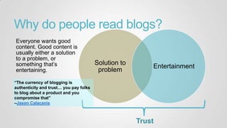 Why do people read blogs?
Everyone wants good
content. Good content is
usually either a solution
to a problem, or
something that‟s
entertaining.
Solution to
problem
Entertainment
Trust
“The currency of blogging is
authenticity and trust… you pay folks
to blog about a product and you
compromise that”
–Jason Calacanis
 
