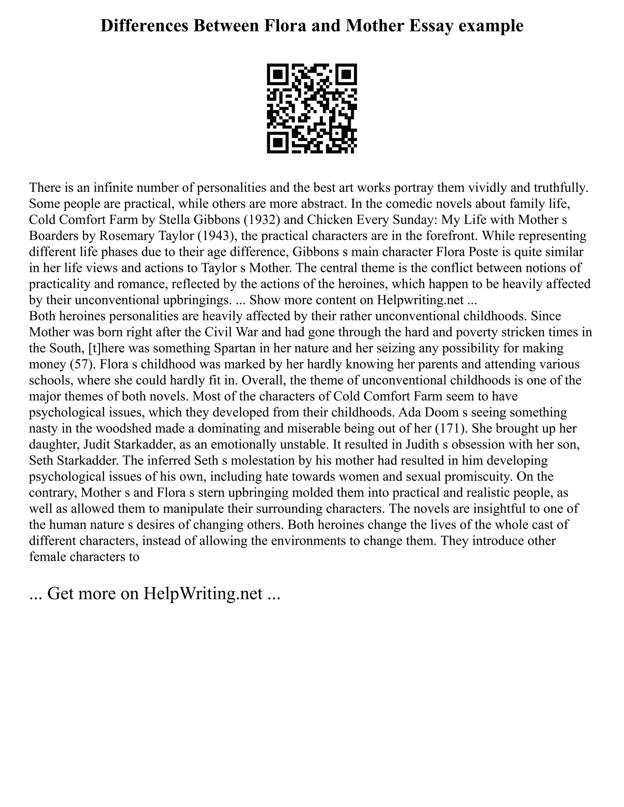 Differences Between Flora and Mother Essay example
There is an infinite number of personalities and the best art works portray them vividly and truthfully.
Some people are practical, while others are more abstract. In the comedic novels about family life,
Cold Comfort Farm by Stella Gibbons (1932) and Chicken Every Sunday: My Life with Mother s
Boarders by Rosemary Taylor (1943), the practical characters are in the forefront. While representing
different life phases due to their age difference, Gibbons s main character Flora Poste is quite similar
in her life views and actions to Taylor s Mother. The central theme is the conflict between notions of
practicality and romance, reflected by the actions of the heroines, which happen to be heavily affected
by their unconventional upbringings. ... Show more content on Helpwriting.net ...
Both heroines personalities are heavily affected by their rather unconventional childhoods. Since
Mother was born right after the Civil War and had gone through the hard and poverty stricken times in
the South, [t]here was something Spartan in her nature and her seizing any possibility for making
money (57). Flora s childhood was marked by her hardly knowing her parents and attending various
schools, where she could hardly fit in. Overall, the theme of unconventional childhoods is one of the
major themes of both novels. Most of the characters of Cold Comfort Farm seem to have
psychological issues, which they developed from their childhoods. Ada Doom s seeing something
nasty in the woodshed made a dominating and miserable being out of her (171). She brought up her
daughter, Judit Starkadder, as an emotionally unstable. It resulted in Judith s obsession with her son,
Seth Starkadder. The inferred Seth s molestation by his mother had resulted in him developing
psychological issues of his own, including hate towards women and sexual promiscuity. On the
contrary, Mother s and Flora s stern upbringing molded them into practical and realistic people, as
well as allowed them to manipulate their surrounding characters. The novels are insightful to one of
the human nature s desires of changing others. Both heroines change the lives of the whole cast of
different characters, instead of allowing the environments to change them. They introduce other
female characters to
... Get more on HelpWriting.net ...
 