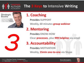 Click to edit Master title styleThe 3 Keys to Intensive Writing
1. Coaching
Provides SUPPORT
Weekly, 60 minutes group webi...