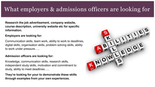 Research the job advertisement, company website,
course description, university website etc for specific
information.
Employers are looking for:
Communication skills, team work, ability to work to deadlines,
digital skills, organisation skills, problem solving skills, ability
to work under pressure…..
Admission officers are looking for:
Knowledge, communication skills, research skills,
independent study skills, motivation and commitment to
study, ability to meet deadlines…..
They’re looking for your to demonstrate these skills
through examples from your own experiences.
What employers & admissions officers are looking for
 