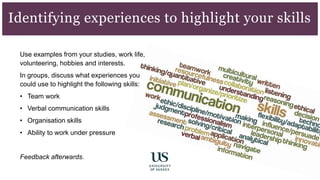 Use examples from your studies, work life,
volunteering, hobbies and interests.
In groups, discuss what experiences you
could use to highlight the following skills:
• Team work
• Verbal communication skills
• Organisation skills
• Ability to work under pressure
Feedback afterwards.
Identifying experiences to highlight your skills
 