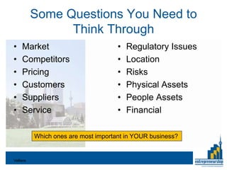 Some Questions You Need to
                 Think Through
•    Market                           •   Regulatory Issues
•    Competitors                      •   Location
•    Pricing                          •   Risks
•    Customers                        •   Physical Assets
•    Suppliers                        •   People Assets
•    Service                          •   Financial

           Which ones are most important in YOUR business?


Valliere
 
