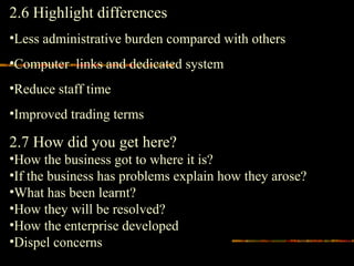 2.6 Highlight differences
•Less administrative burden compared with others
•Computer links and dedicated system
•Reduce staff time
•Improved trading terms
2.7 How did you get here?
•How the business got to where it is?
•If the business has problems explain how they arose?
•What has been learnt?
•How they will be resolved?
•How the enterprise developed
•Dispel concerns
 