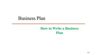 Business Plan
How to Write a Business
Plan
4-1
 