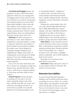 90  |  how to write a business plan



    Trust Deeds and Mortgages: Itemize any      as “household ­urniture,” “appliances,”
                                                                  f
p
­ roperties you have sold or lent money         or “power tools.” You don’t need to be
against for which you are carrying back         overly detailed. Don’t forget household
a mortgage (deed of trust). Also list notes     items, valuable clothing, jewelry, ­ lectronic
                                                                                      e
you hold that are secured by real property.     equipment, musical instruments, and sports
Loans against property you own will be          equipment.
listed under Liabilities, below. Show the           Estimate the current market value. For
street address of the property, type of         cars, start with the high Edmund’s Used
improvements (house, duplex, etc.), name        Car or Kelley Blue Book price. Jewelry,
of payer, payment terms, and the current        antiques, and other ­ ollectibles should be
                                                                        c
unpaid balance. State your relationship to      appraised if you plan to show them as
the payer and the status of the note.           a significant part of your assets. Make a
    Real Estate: Describe each piece of         ballpark figure of less-valuable groups of
real estate you own. State whether it is        property; garage sale prices should suffice.
unimproved, a personal residence, a rental,         Other Assets: List any assets that weren’t
or whatever. Include the street address or      covered elsewhere. Items such as annuities,
parcel number of each property. Estimate        IRAs, vested portions of pensions or profit
the market value of your property by            sharing retirement plans, business interests
checking newspaper listings for your            (value of partnerships, etc.), unlisted
neighborhood, calling a local realtor, or       securities, trusts, life estates, copyrights,
comparing the ­ecent sale prices of similar
                  r                             patents, trademarks, and so forth should be
property. If you own valuable property          listed in this section.
other than your house, it’s best to include a       Remember not to list the income
written appraisal.                              generated by your assets.
    If you own real estate with others and          Total Assets: Finally, add up the values of
the co-owners are not going to cosign your      all your property listed on the form. The
business loan, describe how title is held,      result is your total assets.
such as, “John Jones as separate property”
or “John Jones and Mary Smith in joint
tenancy.”
                                                Determine Your Liabilities
    Personal Property: Personal property        In your Personal Financial Statement—
is anything you own that is not real            Liabilities and Net Worth you’ll write down
estate. Separately itemize each of the          everything you owe to others. To a consid­
more valuable items like cars, boats, and       erable degree, the information on this form
collections, describing each item in as         will be the flip side of what you just did.
much detail as possible. Less-valuable          That is, if you showed a house as an asset,
property can be grouped together, such          you will now list the mortgage on that
                                                same house as a liability.
 