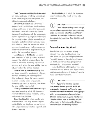 Chapter 5  | your resume and financial statement |  93



    Credit Cards and Revolving Credit Account:         Total Liabilities: Add up all the amounts
List bank cards and revolving accounts at           you owe others. The result is your total
stores and with gasoline companies, and             liabilities.
fill in the outstanding balance.
    Unsecured Loans: List any unsecured                      caution
notes to banks, individuals, credit unions,
                                                              Check for consistency. Before you go
savings and loans, or any other person or
                                                    on, carefully compare the information on your
institution. These are commonly called
                                                    assets and liabilities lists. Make sure they are
signature loans because all the lender gets
                                                    consistent. For instance, make sure that you
is your signature on your promise to repay
                                                    show assets for which you show liabilities and
the loan—you don’t pledge any collateral.
                                                    vice versa.
Examples include student loans and loans
from relatives. State the lender and terms of
payment, including any balloon payments             Determine Your Net Worth
and when the loan will be paid in full, as
well as the outstanding balance.                    To calculate your net worth, simply
    Loans Secured by Real Estate: List each         subtract your total liabilities from your
note and deed of trust you owe. State the           total assets. (If you are using the Personal
property by which it is secured and the             Financial Statement form included on the
terms of payment, including any balloon             CD-ROM, the spreadsheet program will
payment and when the note will be paid in           automatically calculate this amount.)
full, as well as the unpaid balance.                   In the last blank, add together your total
    Loans Secured by Personal Property: List        l
                                                    ­iabilities and net worth. This figure should
any loans secured by equipment, vehicles,           match your total assets. If it doesn’t, you’ve
business inventory, or anything other               made a ­ athematical error.
                                                              m
than real estate. Show the payee, unpaid
balance, security, terms of payment,                         caution
including any balloon payment, and when                        If your total liabilities are more
the note will be paid in full.                      than your total assets, your net worth will
    Loans Against Life Insurance Policies: If you   be a ­ egative figure and you’ll need to place
                                                          n
borrowed against a whole life insurance             brackets around the number. Of course, people
policy, list the insurance company, terms,          with a negative net worth frequently have
and outstanding balance.                            difficulty ­ orrowing money and may have to
                                                               b
    Other Liabilities: List whatever else you       consider ­ nother form of financing, such as
                                                              a
currently owe. This may include unpaid              selling equity in the business. (See Chapter 4
medical bills, tax liabilities, unpaid lawyer       for information about raising money.)
bills, unpaid alimony or child support, and
debts to bookies.
 