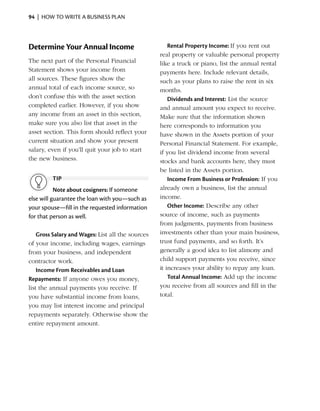 94  |  how to write a business plan




Determine Your Annual Income                           Rental Property Income: If you rent out
                                                   real property or valuable personal property
The next part of the Personal Financial            like a truck or piano, list the annual rental
Statement shows your income from                   payments here. Include relevant details,
all sources. These ­ gures show the
                    fi                             such as your plans to raise the rent in six
annual total of each income source, so             months.
don’t confuse this with the asset section              Dividends and Interest: List the source
completed earlier. However, if you show            and ­ nnual amount you expect to receive.
                                                         a
any ­ncome from an asset in this section,
     i                                             Make sure that the information shown
make sure you also list that asset in the          here corresponds to information you
asset section. This form should reflect your       have shown in the Assets portion of your
current situation and show your present            Personal Financial Statement. For ­ xample,
                                                                                         e
salary, even if you’ll quit your job to start      if you list dividend income from several
the new business.                                  stocks and bank accounts here, they must
                                                   be listed in the Assets portion.
         tip                                           Income From Business or Profession: If you
           Note about cosigners: If someone        a
                                                   ­ lready own a business, list the annual
else will guarantee the loan with you—such as      income.
your spouse—fill in the requested information          Other Income: Describe any other
for that person as well.                           source of income, such as payments
                                                   from judgments, payments from business
    Gross Salary and Wages: List all the sources   investments other than your main business,
of your income, including wages, earnings          trust fund payments, and so forth. It’s
from your business, and independent                generally a good idea to list alimony and
contractor work.                                   child support payments you receive, since
    Income From Receivables and Loan               it increases your ability to repay any loan.
Repayments: If anyone owes you money,                  Total Annual Income: Add up the income
list the annual payments you receive. If           you receive from all sources and fill in the
you have substantial income from loans,            total.
you may list interest income and ­ rincipal
                                      p
repayments separately. Otherwise show the
entire repayment amount.
 