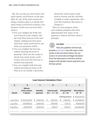 116 | HOW TO WRITE A BUSINESS PLAN



   But, let’s say that you don’t know how             about how much money you’ll
  much money you’ll borrow at this time.              need to borrow and the cash flow
  After all, one of the main reasons for              available to make repayments. (See
  doing a business plan is to decide how              your Plan Summary discussion in
  much money you’ll need to finance your              Chapter	9.)
  business. In that case you have three            There are loan progress charts
  choices:                                        and computer programs that show
   •	You	can	complete	the	Profit	and	
                                  	               approximately how much of any
      Loss Forecast in this chapter, and          payment is interest and how much is
      the Cash Flow Forecast in the next          principal.
      chapter, making your best guess
      about how much you’ll borrow and                   CD-ROM
      what your payments will be.
                                                           Nolo, the publisher of this book,
   •	You	can	complete	the	forecasts	
                                                provides a calculator that will create a chart
      without showing any loans or
                                                similar to the one shown below. You can
      payments. Then use the results to
                                                access it at www.nolo.com/legal-calculators.
      decide how much money you’ll
                                                Enter the information in the form and the
      borrow and revise the forecasts to
                                                program will calculate interest payments over
      include loan payments.
                                                the loan period.
   •	You	can	complete	both	forecasts	
      without showing any loans at all.
      Then you can include a discussion



                             Loan interest Calculation Chart

     A              B                C              D                E                F
                 Balance
              (from column      Monthly      interest paid    Principal Paid    New balance
   Month         F above)       payment     (B × % ÷ 12)         (C − D)          (B − E)
                                                             Starting amount: $ 50,000.00
 June 20xx   $ 50,000.00      $ 1,660.80    $     500.00     $    1,160.80     $ 48,839.20
 July 20xx      48,839.20       1,660.80          488.39            1,172.41      47,666.79
 Aug 20xx       47,666.79       1,660.80           476.67          1,184.13      46,482.66
 
