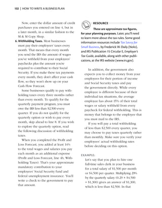 132  |  how to write a business plan



      Now, enter the dollar amount of credit             resource
   p
   ­ urchases you entered on line 4, but in               These are approximate tax figures,
   a later month, in a similar fashion to the   for your planning purposes. Later, you’ll need
   M & M Copy Shop.                             to learn more about the tax rules. Some good
6.	Withholding Taxes. Most businesses           information resources include Tax Savvy for
   must pay their employees’ taxes every        Small Business, by Frederick W. Daily (Nolo),
   month. That means that every month           and IRS Publication 15 Circular E, Employer’s
   you send the IRS the amount of wages         Tax Guide, available, along with other publi­
   you’ve withheld from your employees’         cations, at the IRS website (www.irs.gov).
   paychecks plus the amount you’re
   required to contribute to their Social            In addition, the government also
   Security. If you make these tax payments       expects you to collect money from your
   every month, they don’t affect your cash       employees for their portion of income
   flow, so they won’t show up on your            and Social Security taxes and pay
   Cash Flow Forecast.                            the government directly. While every
      Some businesses qualify to pay with­        employee is different because of their
   holding taxes every three months rather        individual tax situations, the average
   than every month. To qualify for the           employee has about 15% of their total
   quarterly payment program, you must            wages or salary withheld from every
   owe the IRS less than $2,500 every             paycheck for federal withholding. This is
   quarter. If you do not qualify for the         money that belongs to the employee that
   quarterly option or wish to pay every          you must mail to the IRS.
   month, skip ahead to line 8. If you wish          If you will pay a total withholding
   to explore the quarterly option, read          of less than $2,500 every quarter, you
   the following discussion of withholding        may choose to pay taxes quarterly rather
   taxes.                                         than monthly. Make sure you verify your
      When you completed the Profit and           employees’ actual withholding rates
   Loss Forecast, you added at least 14%          before deciding on this option.
   to the total wages and salaries you pay
   each month as an additional expense
                                                Example:
   (Profit and Loss Forecast, line 4b, With­
                                                  Let’s say that you plan to hire one
   holding Taxes). That’s your ­ pproximate
                                a
                                                  full-time sales clerk in your business
   m
   ­ andatory contribution to your
                                                  for a total salary of $1,500 per month
   employees’ Social Security fund and
                                                  or $4,500 per quarter. Multiplying 29%
   federal unemployment insurance. You’ll
                                                  by the quarterly salary (0.29 × $4,500
   write a check to the government to pay
                                                  = $1,300) gives an answer of $1,300,
   that amount.
                                                  which is less than $2,500. In that
 
