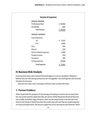 Appendix A  | business plan for a small service business |  223




                                   Income & Expenses
                     ANNUAL INCOME:
                     Professional fees                      $ 28,000
                     Dividends                                   600
                             Total Income                   $ 28,600

                     ANNUAL EXPENSES:

                     Loan Payments
                          1st                               $ 9,252
                             Car                               2,000
                     Visa                                        960
                     Macy’s                                      500
                     House-related expenses                    4,000
                     Property taxes                              950
                     Insurance                                   300
                     Living expenses                          10,000
                             Total Expenses                 $ 27,962


H.	Business Risk Analysis
Every business faces risks. Central Personnel Agency is not an exception. However, I
believe that the risks facing my business are manageable. I see nothing that will seriously
threaten the business.
   Here are the major risks I anticipate and how I plan to deal with them.


1.	 Partner Problems
When faced with the prospect of my leaving and taking an income source away from
her, my current partner, Jackie McCabe, the owner of Mid-Mountain Personnel Services,
was initially somewhat angry. However, when we discussed the fact that she had more
work on her hands in North City than she could cope with and that we could cooperate
on future job placements, she became supportive of my starting my own business. Never­
                                              -11-
 
