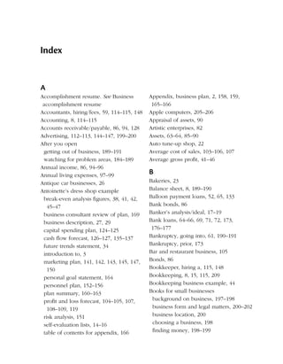 Index


A
Accomplishment resume. See Business          Appendix, business plan, 2, 158, 159,
 accomplishment resume                        165–166
Accountants, hiring/fees, 59, 114–115, 148   Apple computers, 205–206
Accounting, 8, 114–115                       Appraisal of assets, 90
Accounts receivable/payable, 86, 94, 128     Artistic enterprises, 82
Advertising, 112–113, 144–147, 199–200       Assets, 63–64, 85–90
After you open                               Auto tune-up shop, 22
 getting out of business, 189–191            Average cost of sales, 103–106, 107
 watching for problem areas, 184–189         Average gross profit, 41–46
Annual income, 86, 94–96
Annual living expenses, 97–99                B
Antique car businesses, 26                   Bakeries, 23
Antoinette’s dress shop example              Balance sheet, 8, 189–190
 break-even analysis figures, 38, 41, 42,    Balloon payment loans, 52, 65, 133
   45–47                                     Bank bonds, 86
 business consultant review of plan, 169     Banker’s analysis/ideal, 17–19
 business description, 27, 29                Bank loans, 64–66, 69, 71, 72, 173,
 capital spending plan, 124–125               176–177
 cash flow forecast, 126–127, 135–137        Bankruptcy, going into, 61, 190–191
 future trends statement, 34                 Bankruptcy, prior, 173
 introduction to, 3                          Bar and restaurant business, 105
 marketing plan, 141, 142, 143, 145, 147,    Bonds, 86
   150                                       Bookkeeper, hiring a, 115, 148
 personal goal statement, 164                Bookkeeping, 8, 15, 115, 209
 personnel plan, 152–156                     Bookkeeping business example, 44
 plan summary, 160–163                       Books for small businesses
 profit and loss forecast, 104–105, 107,      background on business, 197–198
   108–109, 119                               business form and legal matters, 200–202
 risk analysis, 151                           business location, 200
 self-evaluation lists, 14–16                 choosing a business, 198
 table of contents for appendix, 166          finding money, 198–199
 