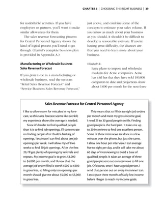 ChApter 3 | CHOOSING THE RIGHT BUSINESS | 39



for nonbillable activities. If you have                  just above, and combine some of the
employees or partners, you’ll want to make               concepts to estimate your sales volume. If
similar allowances for them.                             you know as much about your business
   The sales revenue forecasting process                 as you should, it shouldn’t be difficult to
for Central Personnel Agency shows the                   develop a reasonable estimate. If you’re
kind of logical process you’ll need to go                having great difficulty, the chances are
through. (Central’s complete business plan               that you need to learn more about your
is provided in Appendix A.)                              business.

Manufacturing or Wholesale Business                      exAmple:
Sales Revenue Forecast                                     Patty plans to import and wholesale
                                                           modems for Acme computers. Acme
If you plan to be in a manufacturing or
                                                           has	told	her	that	they	have	sold	100,000	
wholesale business, read the sections
                                                           computers to date and projections show
“Retail Sales Revenue Forecast” and
                                                           about	1,000	per	month	for	the	next	three	
“Service Business Sales Revenue Forecast,”



                    Sales Revenue Forecast for Central Personnel Agency
  I like to allow room for mistakes in my fore-             This means that to fill six to eight job orders
  cast, so this sales forecast seems like overkill;     per month and meet my gross income goal,
  my experience shows the overage is needed.            I need 25 to 30 good people on file. Finding
       Since it’s harder to find qualified people       good people is the hard part. It takes me up
  than it is to find job openings, I’ll concentrate     to 20 interviews to find one excellent person.
  on finding people after I build a backlog of          Some of these interviews are done in a few
  openings. I estimate I can find about ten job         minutes over the phone, but just the same,
  openings per week. I will allow myself two            I allow one hour per interview. I can average
  weeks to find 20 job openings. After the first        five to eight per day, and it will take me about
  20, I’ll get plenty of openings by referrals and      60 days of interviewing to build a base of
  repeats. My income goal is to gross $3,000            qualified people. It takes an average of three
  to $4,000 per month, and I know that the              good people sent out on interviews to fill one
  average job order filled is worth $500 to $600        job. Of course, once I have a good person, I
  in gross fees, so filling only ten openings per       send that person out on every interview I can.
  month should give me about $5,000 to $6,000           I anticipate three months of fairly low income
  in gross fees.                                        before I begin to reach my income goals.
 