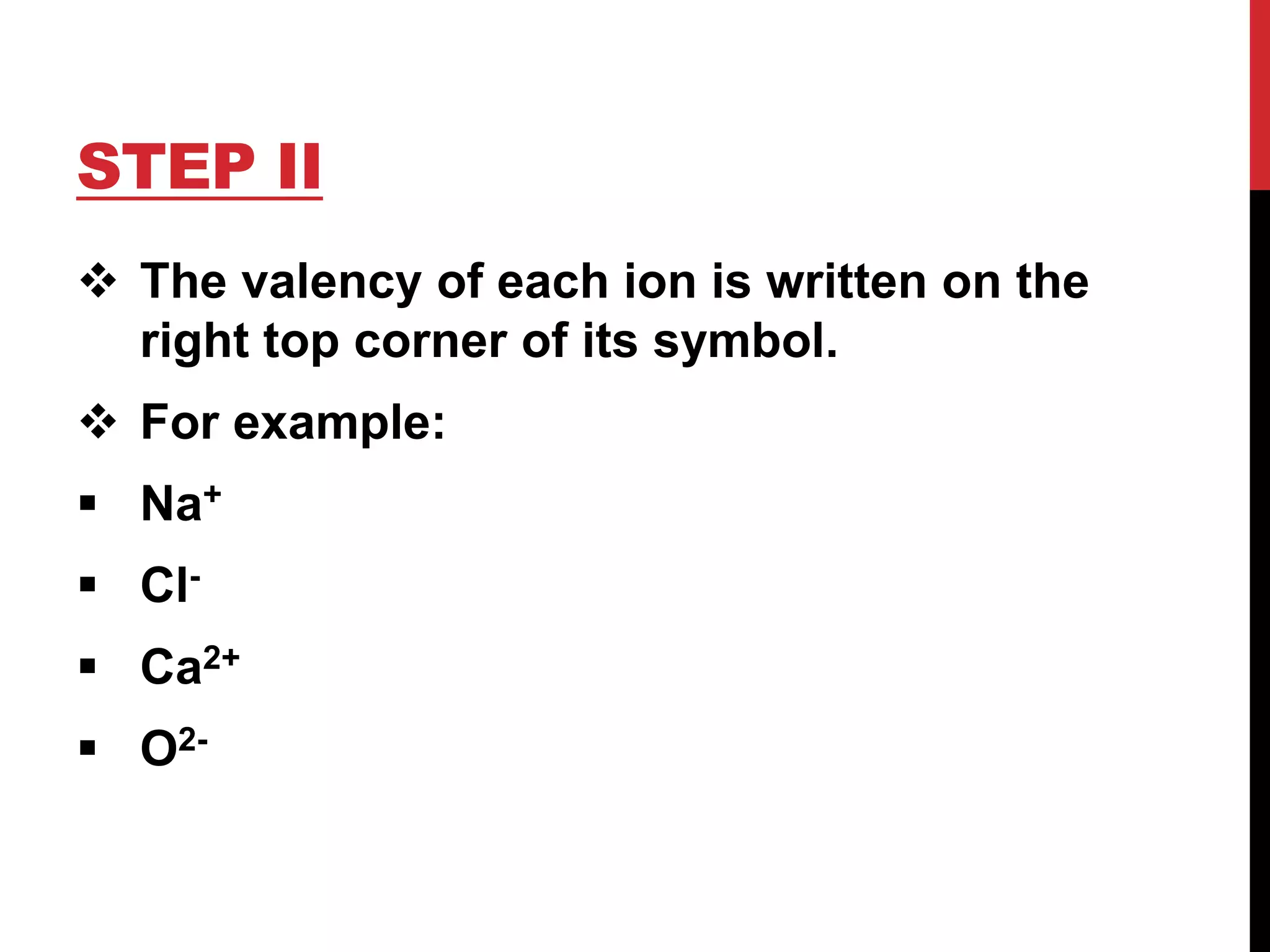 STEP II
The valency of each ion is written on the
right top corner of its symbol.
For example:
Na+
Cl-
Ca2+
O2-