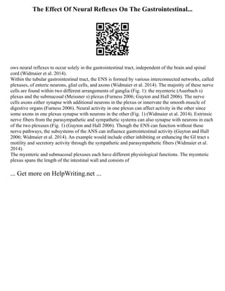The Effect Of Neural Reflexes On The Gastrointestinal...
ows neural reflexes to occur solely in the gastrointestinal tract, independent of the brain and spinal
cord (Widmaier et al. 2014).
Within the tubular gastrointestinal tract, the ENS is formed by various interconnected networks, called
plexuses, of enteric neurons, glial cells, and axons (Widmaier et al. 2014). The majority of these nerve
cells are found within two different arrangements of ganglia (Fig. 1): the myenteric (Auerbach s)
plexus and the submucosal (Meissner s) plexus (Furness 2006; Guyton and Hall 2006). The nerve
cells axons either synapse with additional neurons in the plexus or innervate the smooth muscle of
digestive organs (Furness 2006). Neural activity in one plexus can affect activity in the other since
some axons in one plexus synapse with neurons in the other (Fig. 1) (Widmaier et al. 2014). Extrinsic
nerve fibers from the parasympathetic and sympathetic systems can also synapse with neurons in each
of the two plexuses (Fig. 1) (Guyton and Hall 2006). Though the ENS can function without these
nerve pathways, the subsystems of the ANS can influence gastrointestinal activity (Guyton and Hall
2006; Widmaier et al. 2014). An example would include either inhibiting or enhancing the GI tract s
motility and secretory activity through the sympathetic and parasympathetic fibers (Widmaier et al.
2014).
The myenteric and submucosal plexuses each have different physiological functions. The myenteric
plexus spans the length of the intestinal wall and consists of
... Get more on HelpWriting.net ...
 