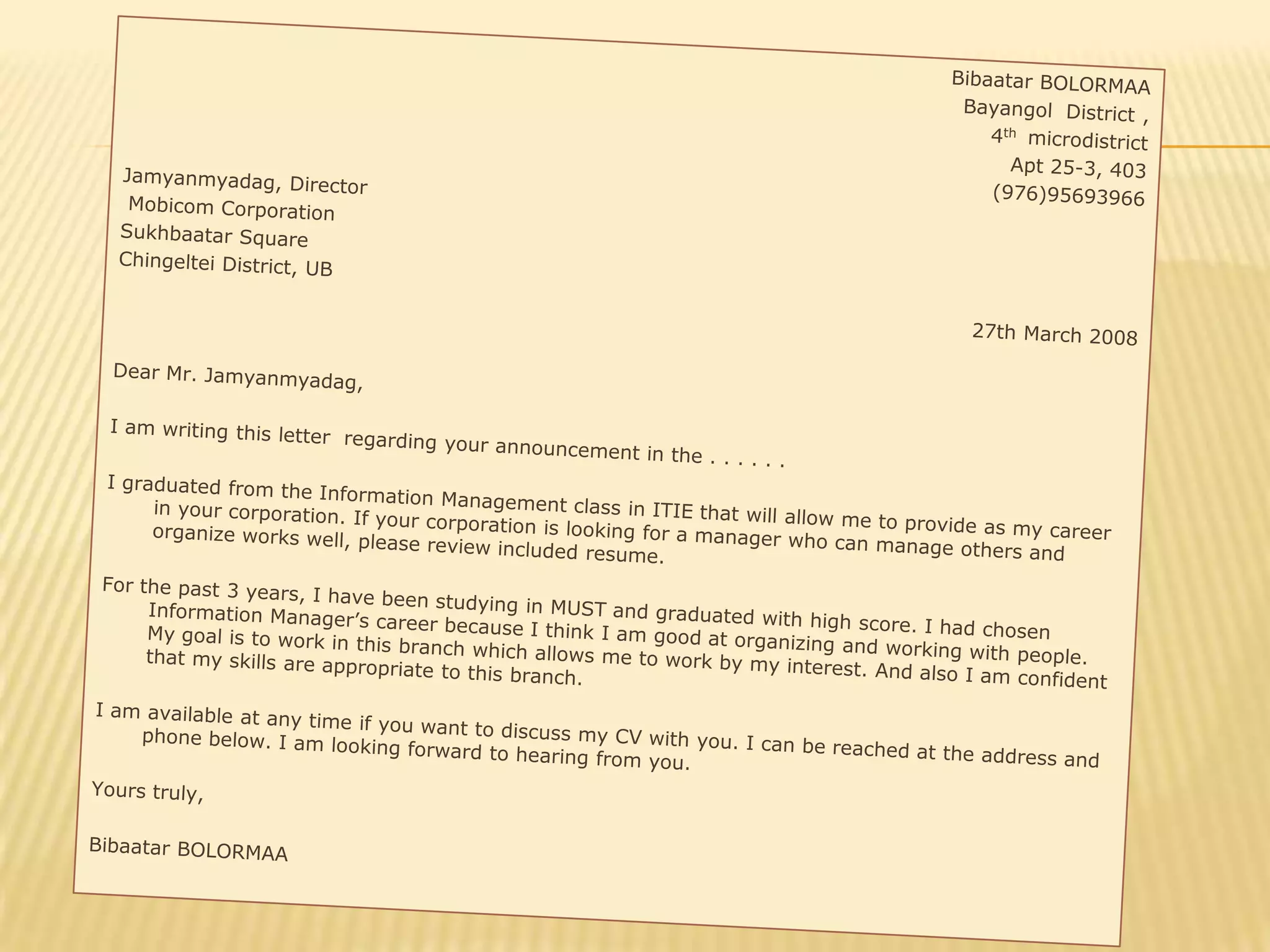 After the fourth (last) paragraph leave a blank space, same as you should do in the beginning, after the salutation (Dear..). 