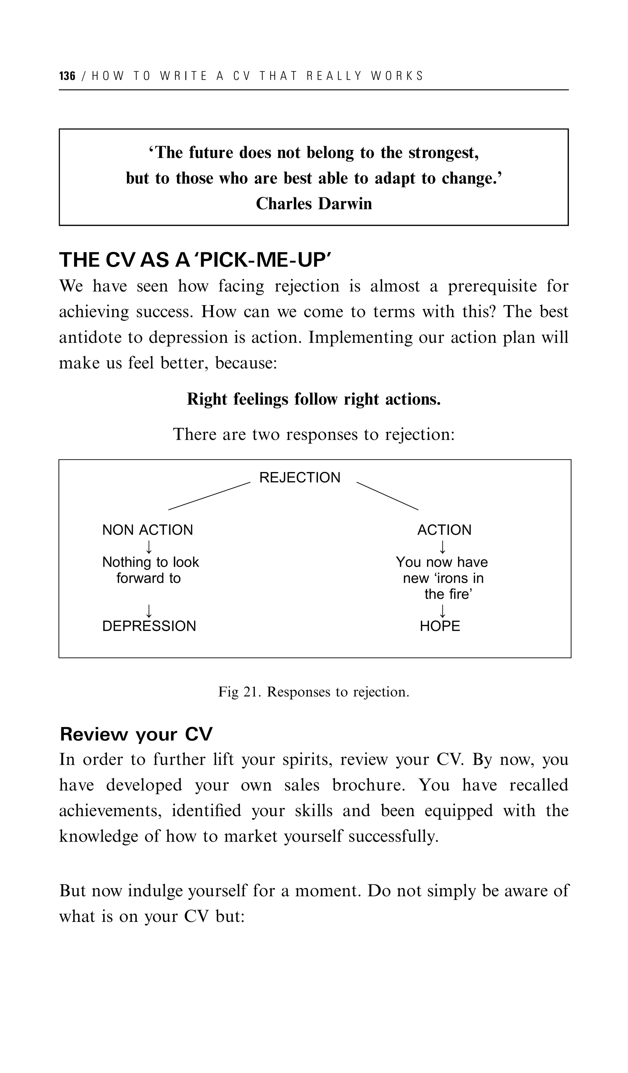 136 / H O W T O W R I T E A C V T H A T R E A L L Y W O R K S




              ‘The future does not belong to the strongest,
           but to those who are best able to adapt to change.’
                            Charles Darwin


THE CV AS A ‘PICK-ME-UP’
We have seen how facing rejection is almost a prerequisite for
achieving success. How can we come to terms with this? The best
antidote to depression is action. Implementing our action plan will
make us feel better, because:

                     Right feelings follow right actions.

                   There are two responses to rejection:

                                 REJECTION


       NON ACTION                                          ACTION
             ;                                                 ;
       Nothing to look                                  You now have
         forward to                                      new ‘irons in
                                                            the fire’
           ;                                                   ;
       DEPRESSION                                          HOPE



                          Fig 21. Responses to rejection.


Review your CV
In order to further lift your spirits, review your CV. By now, you
have developed your own sales brochure. You have recalled
achievements, identiﬁed your skills and been equipped with the
knowledge of how to market yourself successfully.


But now indulge yourself for a moment. Do not simply be aware of
what is on your CV but:
 