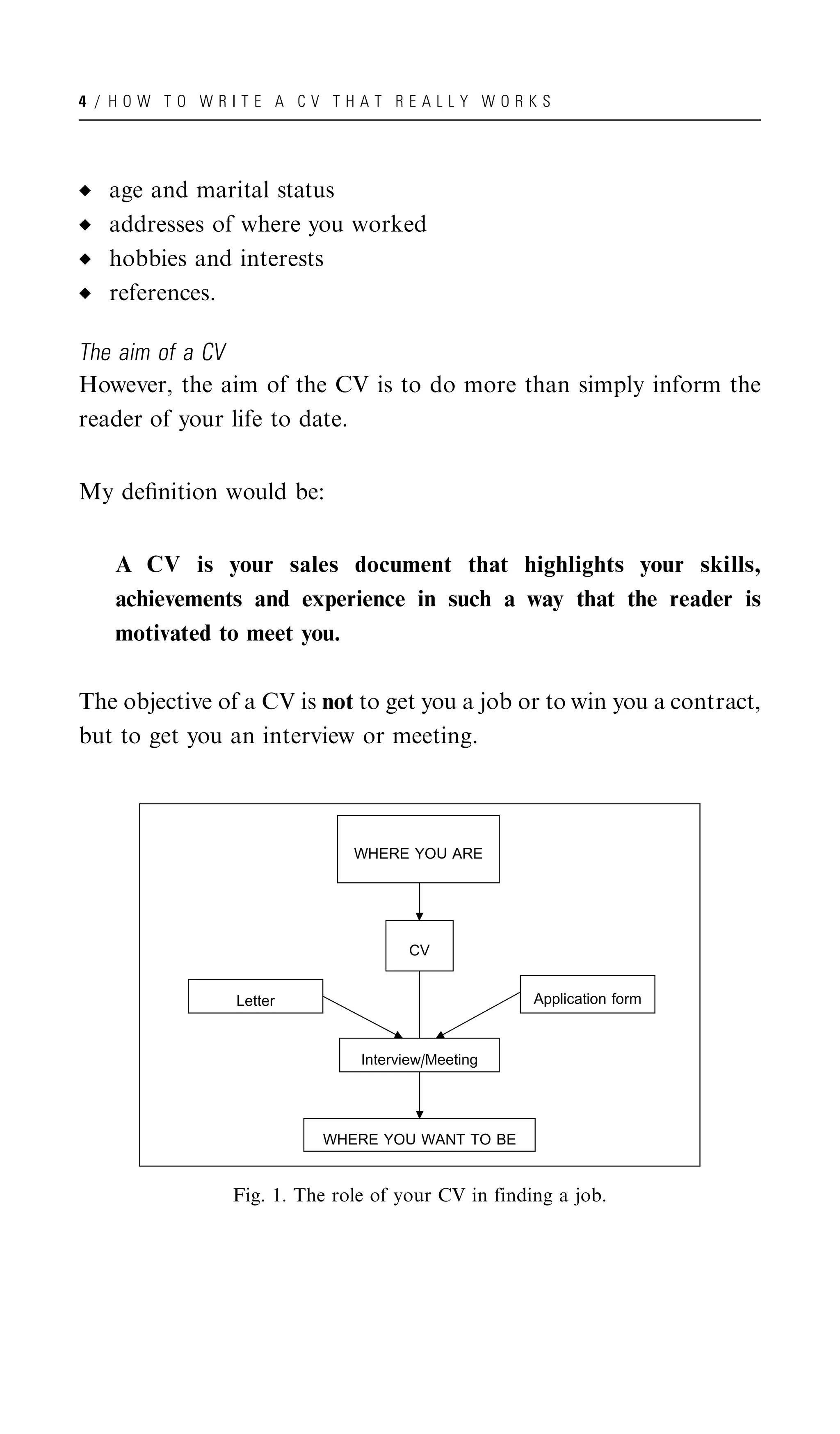 4 / HOW TO WRITE A CV THAT REALLY WORKS




   age and marital status
   addresses of where you worked
   hobbies and interests
   references.

The aim of a CV
However, the aim of the CV is to do more than simply inform the
reader of your life to date.


My deﬁnition would be:


   A CV is your sales document that highlights your skills,
   achievements and experience in such a way that the reader is
   motivated to meet you.

The objective of a CV is not to get you a job or to win you a contract,
but to get you an interview or meeting.



                              WHERE YOU ARE




                                     CV


                Letter                              Application form



                               Interview/Meeting




                          WHERE YOU WANT TO BE


                Fig. 1. The role of your CV in finding a job.
 