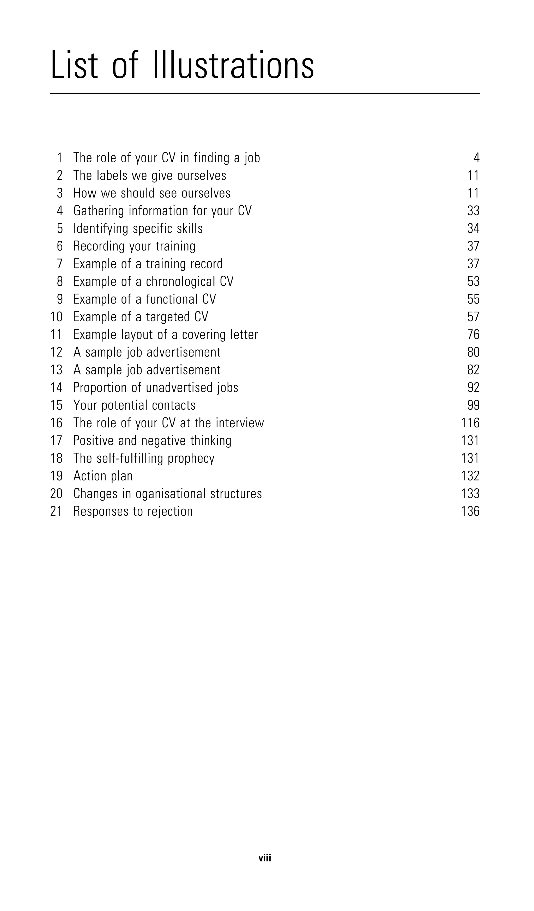 List of Illustrations

 1   The role of your CV in finding a job       4
 2   The labels we give ourselves              11
 3   How we should see ourselves               11
 4   Gathering information for your CV         33
 5   Identifying specific skills               34
 6   Recording your training                   37
 7   Example of a training record              37
 8   Example of a chronological CV             53
 9   Example of a functional CV                55
10   Example of a targeted CV                  57
11   Example layout of a covering letter       76
12   A sample job advertisement                80
13   A sample job advertisement                82
14   Proportion of unadvertised jobs           92
15   Your potential contacts                   99
16   The role of your CV at the interview     116
17   Positive and negative thinking           131
18   The self-fulfilling prophecy             131
19   Action plan                              132
20   Changes in oganisational structures      133
21   Responses to rejection                   136




                                       viii
 