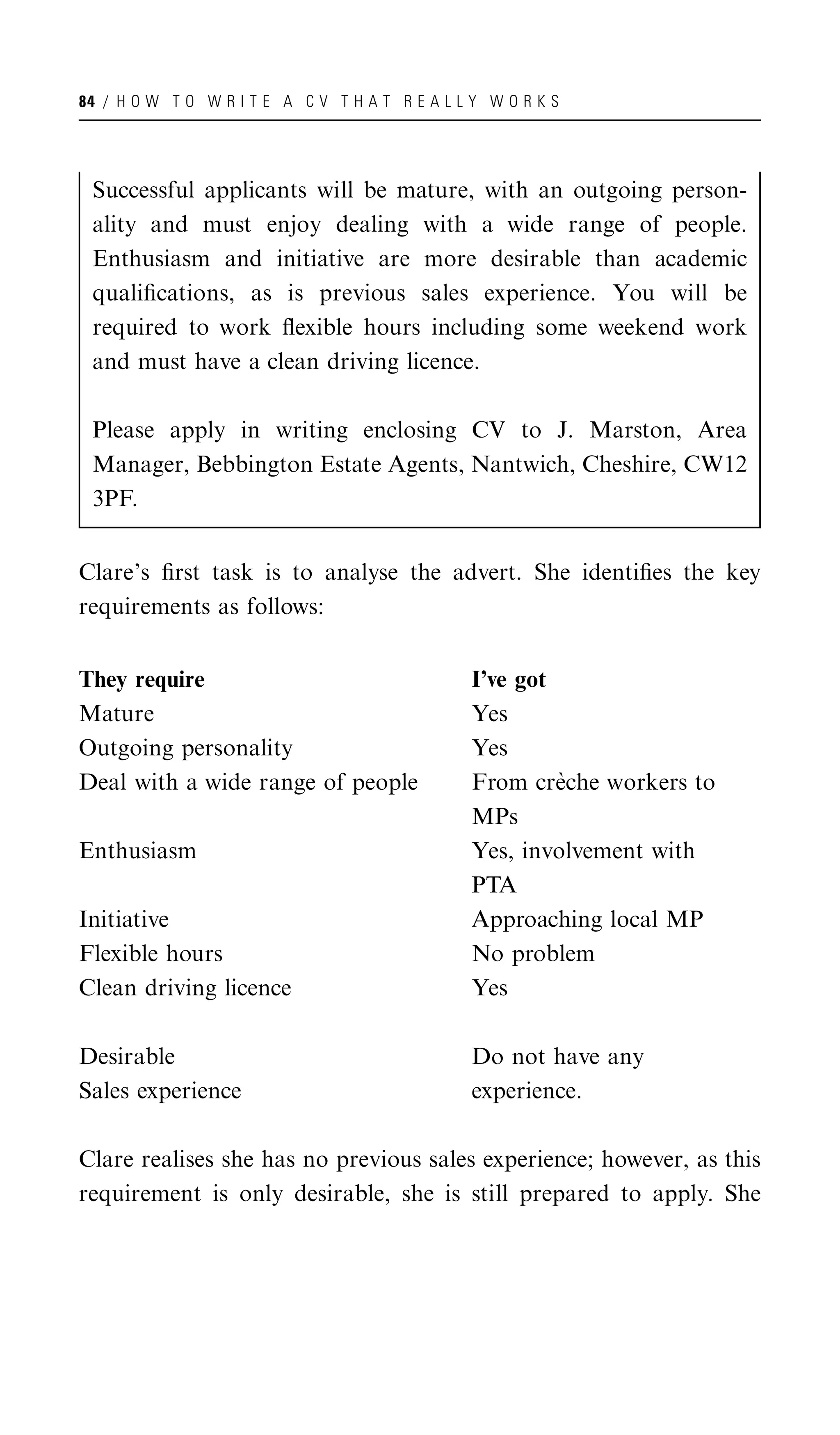 84 / H O W T O W R I T E A C V T H A T R E A L L Y W O R K S




 Successful applicants will be mature, with an outgoing person-
 ality and must enjoy dealing with a wide range of people.
 Enthusiasm and initiative are more desirable than academic
 qualiﬁcations, as is previous sales experience. You will be
 required to work ﬂexible hours including some weekend work
 and must have a clean driving licence.

 Please apply in writing enclosing CV to J. Marston, Area
 Manager, Bebbington Estate Agents, Nantwich, Cheshire, CW12
 3PF.


Clare’s ﬁrst task is to analyse the advert. She identiﬁes the key
requirements as follows:


They require                                     I’ve got
Mature                                           Yes
Outgoing personality                             Yes
Deal with a wide range of people                          `
                                                 From creche workers to
                                                 MPs
Enthusiasm                                       Yes, involvement with
                                                 PTA
Initiative                                       Approaching local MP
Flexible hours                                   No problem
Clean driving licence                            Yes

Desirable                                        Do not have any
Sales experience                                 experience.

Clare realises she has no previous sales experience; however, as this
requirement is only desirable, she is still prepared to apply. She
 
