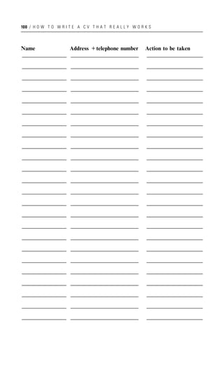 100 / H O W T O W R I T E A C V T H A T R E A L L Y W O R K S




Name     Address +telephone number                        Action to be taken
_______ ___________
 _______ ___________
 _______ ___________                                      _________
                                                           _________
                                                            _________
_______ ___________
_______ ___________
 _______ ___________                                       _________
                                                           _________
                                                            _________

_______ ___________
_______ ___________
 _______ __________ _                                      _________
                                                           _________
                                                            _________
_______ ___________
_______ ___________
 _______ ___________                                       _________
                                                           _________
                                                            _________

_______ ___________
_______ ___________
 _______ ___________                                       _________
                                                           _________
                                                            _________
_______ ___________
_______ ___________
 _______ __________ _                                      _________
                                                           _________
                                                            _________

_______ ___________
_______ ___________
 _______ __________ _                                      _________
                                                           _________
                                                            _________
_______ ___________
_______ ___________
 _______ ___________                                      _________
                                                          _________
                                                           _________
_______ ___________
_______ ___________
 _______ ___________                                      _________
                                                          _________
                                                           _________

_______ ___________
_______ ___________
 _______ ___________                                      _________
                                                          _________
                                                           _________
_______ ___________
_______ ___________
 _______ __________ _                                     _________
                                                          _________
                                                           _________

_______ ___________
_______ ___________
 _______ __________ _                                     _________
                                                          _________
                                                           _________
_______ ___________
_______ ___________
 _______ ___________                                      _________
                                                          _________
                                                           _________

_______ ___________
_______ ___________
 _______ ___________                                      _________
                                                          _________
                                                           _________
_______ ___________
_______ ___________
 _______ __________ _                                     _________
                                                          _________
                                                           _________

_______ ___________
_______ ___________
 _______ __________ _                                     _________
                                                          _________
                                                           _________
_______ ___________
_______ ___________
 _______ __________ _                                     _________
                                                          _________
                                                           _________

_______ ___________
_______ ___________
 _______ ___________                                      _________
                                                          _________
                                                           _________
_______ ___________
_______ ___________
 _______ ___________                                      _________
                                                          _________
                                                           _________
_______ ___________
_______ ___________
 _______ ___________                                      _________
                                                          _________
                                                           _________

_______ ___________
_______ ___________
 _______ __________ _                                     _________
                                                          _________
                                                           _________
_______ ___________
_______ ___________
 _______ ___________                                      _________
                                                          _________
                                                           _________

_______ ___________
_______ ___________
 _______ ___________                                      _________
                                                          _________
                                                           _________
_______ ___________
_______ ___________
 _______ ___________                                      _________
                                                          _________
                                                           _________
 