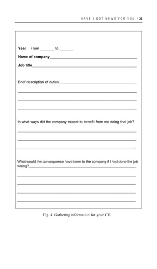 H A V E I G O T N E W S F O R Y O U / 33




Year    From _______ to _______

Name of company_____________________________________________________
               ____________________________________________________
               ____________________________________________________
                ____________________________________________________

         _______________________________________________________________
Job title_______________________________________________________________
         _______________________________________________________________
          ______________________________________________________________



Brief description of duties_______________________________________________
                           _______________________________________________
                           ______________________________________________
                            ______________________________________________

________________________________________________________________________
_______________________________________________________________________
 _______________________________________________________________________
 _______________________________________________________________________

________________________________________________________________________
_______________________________________________________________________
 _______________________________________________________________________
 _______________________________________________________________________

________________________________________________________________________
_______________________________________________________________________
 _______________________________________________________________________
 _______________________________________________________________________


In what ways did the company expect to benefit from me doing that job?

________________________________________________________________________
_______________________________________________________________________
 _______________________________________________________________________
 _______________________________________________________________________

________________________________________________________________________
_______________________________________________________________________
 _______________________________________________________________________
 _______________________________________________________________________

________________________________________________________________________
_______________________________________________________________________
 _______________________________________________________________________
 _______________________________________________________________________


What would the consequence have been to the company if I had done the job
wrong?_________________________________________________________________
      ________________________________________________________________
      ________________________________________________________________
       ________________________________________________________________

________________________________________________________________________
_______________________________________________________________________
 _______________________________________________________________________
 _______________________________________________________________________

________________________________________________________________________
_______________________________________________________________________
 _______________________________________________________________________
 _______________________________________________________________________

________________________________________________________________________
_______________________________________________________________________
 _______________________________________________________________________
 _______________________________________________________________________

________________________________________________________________________
_______________________________________________________________________
_______________________________________________________________________
 _______________________________________________________________________



               Fig. 4. Gathering information for your CV.
 