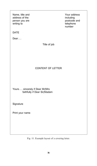 Name, title and                                      Your address
address of the                                       including
person you are                                       postcode and
writing to                                           telephone
                                                     number

DATE

Dear . . .

                              Title of job




                      CONTENT OF LETTER




Yours . . . sincerely if Dear Mr/Mrs
           faithfully if Dear Sir/Madam



Signature


Print your name




              Fig. 11. Example layout of a covering letter.




                                   76
 