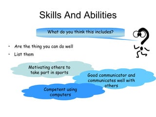 Skills And Abilities What do you think this includes? Motivating others to take part in sports <ul><li>Are the thing you c...