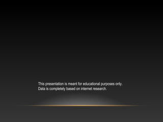 This presentation is meant for educational purposes only.
Data is completely based on internet research.
 