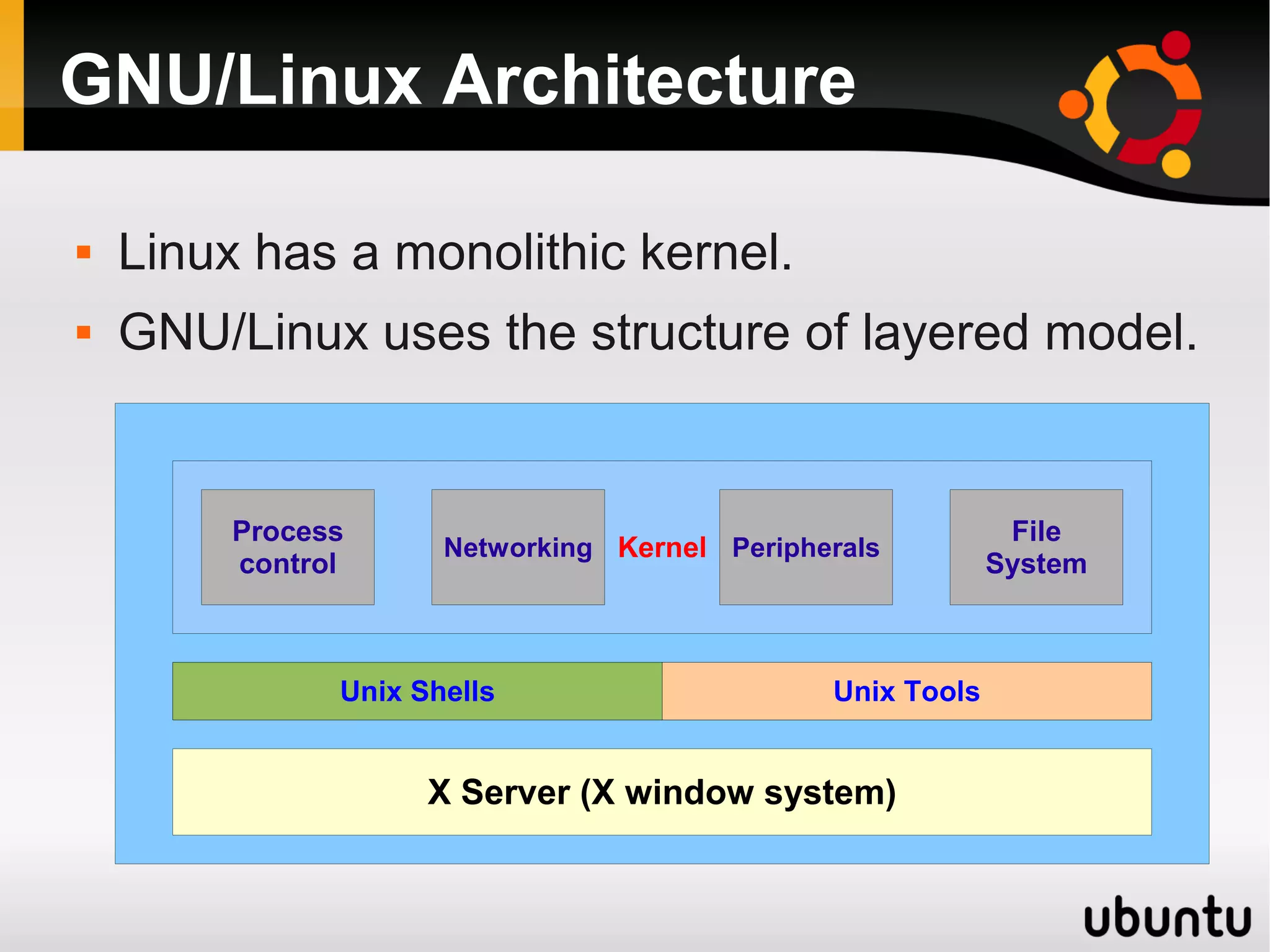 GNU/Linux Architecture

   Linux has a monolithic kernel.
   GNU/Linux uses the structure of layered model.


         Process                                             File
                      Networking Kernel Peripherals
         control                                            System



               Unix Shells                     Unix Tools


                     X Server (X window system)
 