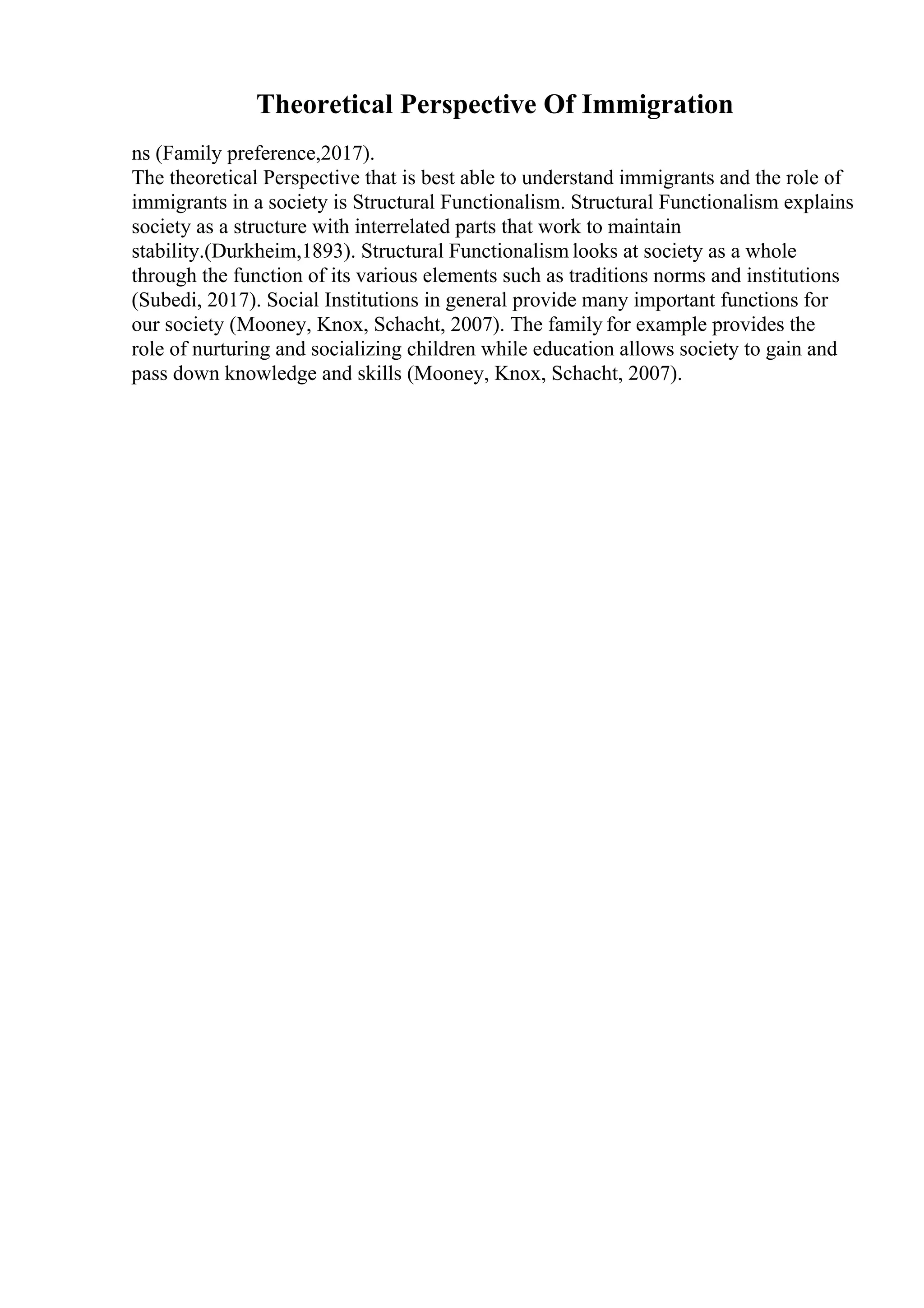 Theoretical Perspective Of Immigration
ns (Family preference,2017).
The theoretical Perspective that is best able to understand immigrants and the role of
immigrants in a society is Structural Functionalism. Structural Functionalism explains
society as a structure with interrelated parts that work to maintain
stability.(Durkheim,1893). Structural Functionalism looks at society as a whole
through the function of its various elements such as traditions norms and institutions
(Subedi, 2017). Social Institutions in general provide many important functions for
our society (Mooney, Knox, Schacht, 2007). The family for example provides the
role of nurturing and socializing children while education allows society to gain and
pass down knowledge and skills (Mooney, Knox, Schacht, 2007).
 