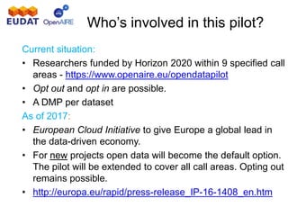 Who’s involved in this pilot?
Current situation:
• Researchers funded by Horizon 2020 within 9 specified call
areas - https://www.openaire.eu/opendatapilot
• Opt out and opt in are possible.
• A DMP per dataset
As of 2017:
• European Cloud Initiative to give Europe a global lead in
the data-driven economy.
• For new projects open data will become the default option.
The pilot will be extended to cover all call areas. Opting out
remains possible.
• http://europa.eu/rapid/press-release_IP-16-1408_en.htm
 