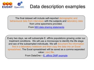 Data description examples
The final dataset will include self-reported demographic and
behavioural data from interviews with the subjects and laboratory data
from urine specimens provided.
From NIH data sharing statements
Every two days, we will subsample E. affinis populations growing under our
treatment conditions. We will use a microscope to identify the life stage
and sex of the subsampled individuals. We will document the information
first in a laboratory notebook and then copy the data into an Excel
spreadsheet. The Excel spreadsheet will be saved as a comma separated
value (.csv) file.
From DataOne – E. affinis DMP example
 
