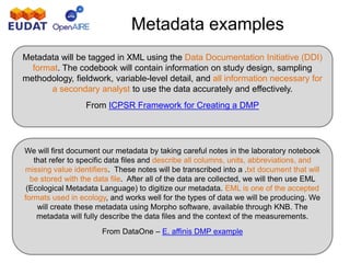 Metadata examples
Metadata will be tagged in XML using the Data Documentation Initiative (DDI)
format. The codebook will contain information on study design, sampling
methodology, fieldwork, variable-level detail, and all information necessary for
a secondary analyst to use the data accurately and effectively.
From ICPSR Framework for Creating a DMP
We will first document our metadata by taking careful notes in the laboratory notebook
that refer to specific data files and describe all columns, units, abbreviations, and
missing value identifiers. These notes will be transcribed into a .txt document that will
be stored with the data file. After all of the data are collected, we will then use EML
(Ecological Metadata Language) to digitize our metadata. EML is one of the accepted
formats used in ecology, and works well for the types of data we will be producing. We
will create these metadata using Morpho software, available through KNB. The
metadata will fully describe the data files and the context of the measurements.
From DataOne – E. affinis DMP example
 
