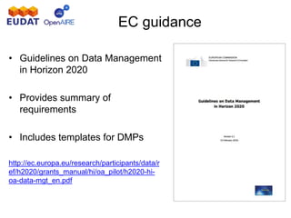 • Guidelines on Data Management
in Horizon 2020
• Provides summary of
requirements
• Includes templates for DMPs
http://ec.europa.eu/research/participants/data/r
ef/h2020/grants_manual/hi/oa_pilot/h2020-hi-
oa-data-mgt_en.pdf
EC guidance
 