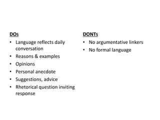 DOS
• Language reflects daily
conversation
• Reasons & examples
• Opinions
• Personal anecdote
• Suggestions, advice
• Rhetorical question inviting
response
DONTS
• No argumentative linkers
• No formal language
 