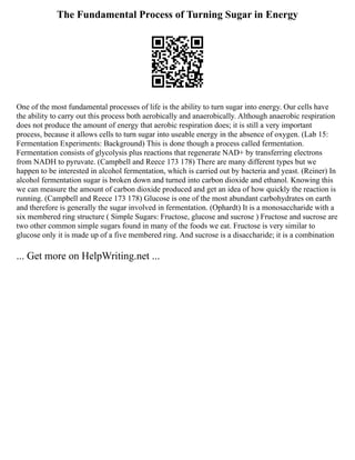 The Fundamental Process of Turning Sugar in Energy
One of the most fundamental processes of life is the ability to turn sugar into energy. Our cells have
the ability to carry out this process both aerobically and anaerobically. Although anaerobic respiration
does not produce the amount of energy that aerobic respiration does; it is still a very important
process, because it allows cells to turn sugar into useable energy in the absence of oxygen. (Lab 15:
Fermentation Experiments: Background) This is done though a process called fermentation.
Fermentation consists of glycolysis plus reactions that regenerate NAD+ by transferring electrons
from NADH to pyruvate. (Campbell and Reece 173 178) There are many different types but we
happen to be interested in alcohol fermentation, which is carried out by bacteria and yeast. (Reiner) In
alcohol fermentation sugar is broken down and turned into carbon dioxide and ethanol. Knowing this
we can measure the amount of carbon dioxide produced and get an idea of how quickly the reaction is
running. (Campbell and Reece 173 178) Glucose is one of the most abundant carbohydrates on earth
and therefore is generally the sugar involved in fermentation. (Ophardt) It is a monosaccharide with a
six membered ring structure ( Simple Sugars: Fructose, glucose and sucrose ) Fructose and sucrose are
two other common simple sugars found in many of the foods we eat. Fructose is very similar to
glucose only it is made up of a five membered ring. And sucrose is a disaccharide; it is a combination
... Get more on HelpWriting.net ...
 