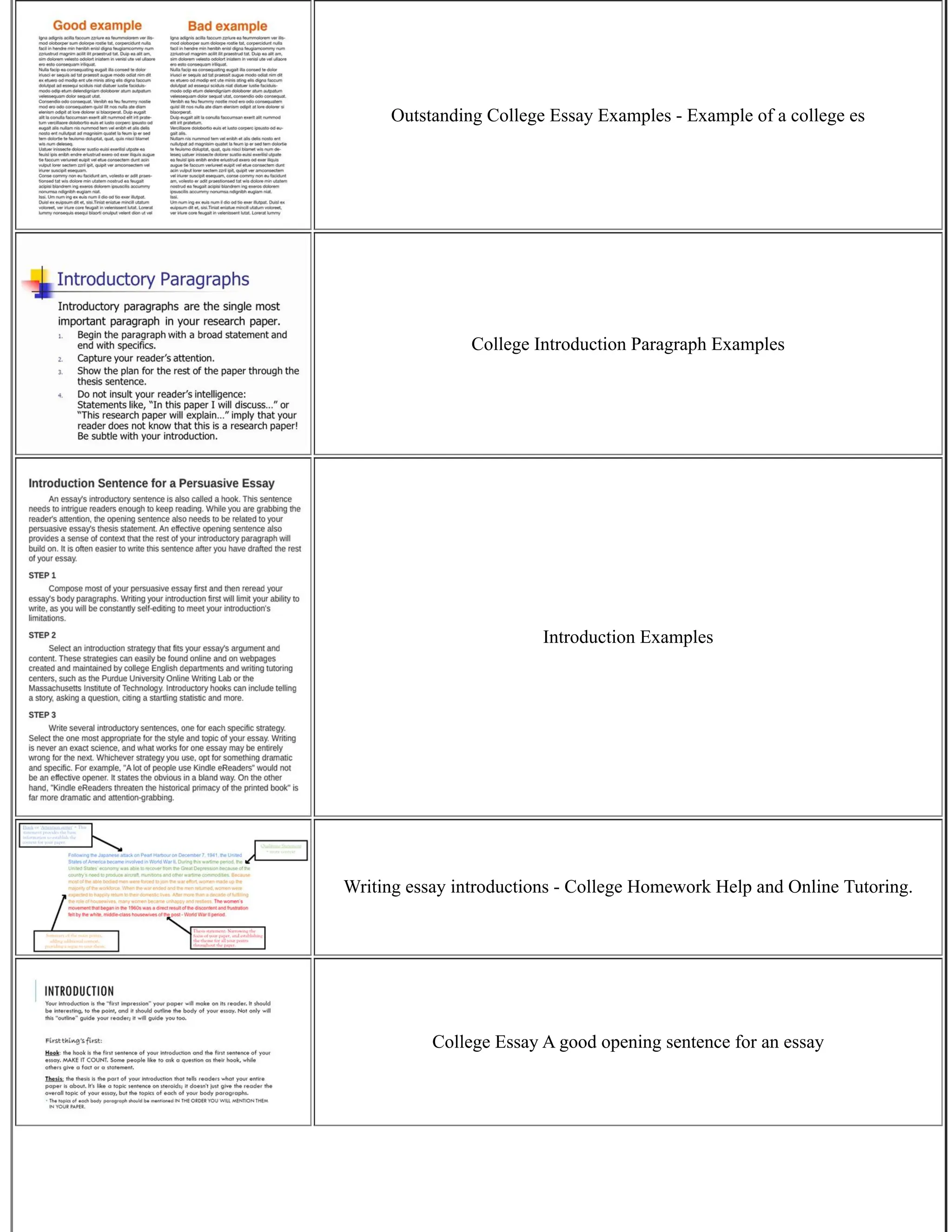 Outstanding College Essay Examples - Example of a college es
College Introduction Paragraph Examples
Introduction Examples
Writing essay introductions - College Homework Help and Online Tutoring.
College Essay A good opening sentence for an essay
 