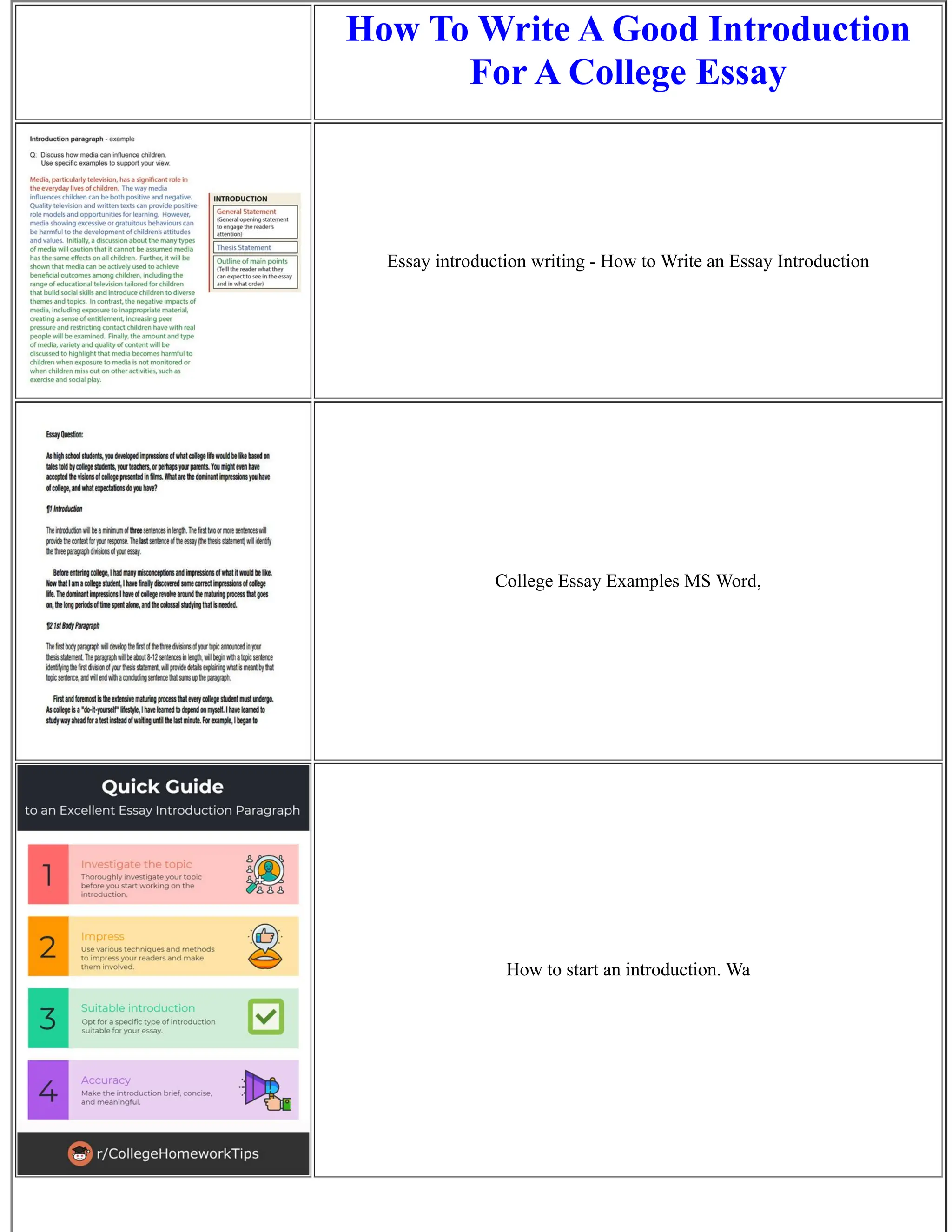 How To Write A Good Introduction
For A College Essay
Essay introduction writing - How to Write an Essay Introduction
College Essay Examples MS Word,
How to start an introduction. Wa
 