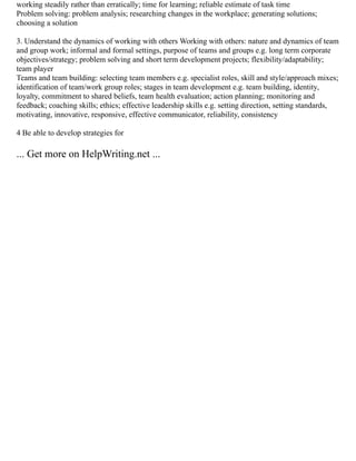 working steadily rather than erratically; time for learning; reliable estimate of task time
Problem solving: problem analysis; researching changes in the workplace; generating solutions;
choosing a solution
3. Understand the dynamics of working with others Working with others: nature and dynamics of team
and group work; informal and formal settings, purpose of teams and groups e.g. long term corporate
objectives/strategy; problem solving and short term development projects; flexibility/adaptability;
team player
Teams and team building: selecting team members e.g. specialist roles, skill and style/approach mixes;
identification of team/work group roles; stages in team development e.g. team building, identity,
loyalty, commitment to shared beliefs, team health evaluation; action planning; monitoring and
feedback; coaching skills; ethics; effective leadership skills e.g. setting direction, setting standards,
motivating, innovative, responsive, effective communicator, reliability, consistency
4 Be able to develop strategies for
... Get more on HelpWriting.net ...
 