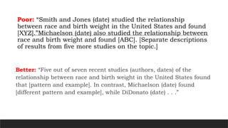 Better: “Five out of seven recent studies (authors, dates) of the
relationship between race and birth weight in the United States found
that [pattern and example]. In contrast, Michaelson (date) found
[different pattern and example], while DiDonato (date) . . .”
Poor: “Smith and Jones (date) studied the relationship
between race and birth weight in the United States and found
[XYZ].”Michaelson (date) also studied the relationship between
race and birth weight and found [ABC]. [Separate descriptions
of results from five more studies on the topic.]
 