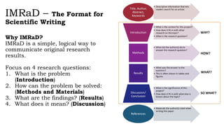 IMRaD – The Format for
Scientific Writing
Why IMRaD?
IMRaD is a simple, logical way to
communicate original research
results.
Focus on 4 research questions:
1. What is the problem
(Introduction)
2. How can the problem be solved:
(Methods and Materials)
3. What are the findings? (Results)
4. What does it mean? (Discussion)
 