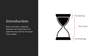Introduction
The Opening
Much more than a rhetorical
welcome, the introduction is an
essential entry hall into the house
of your paper.
The Funnel
The Challenge
 