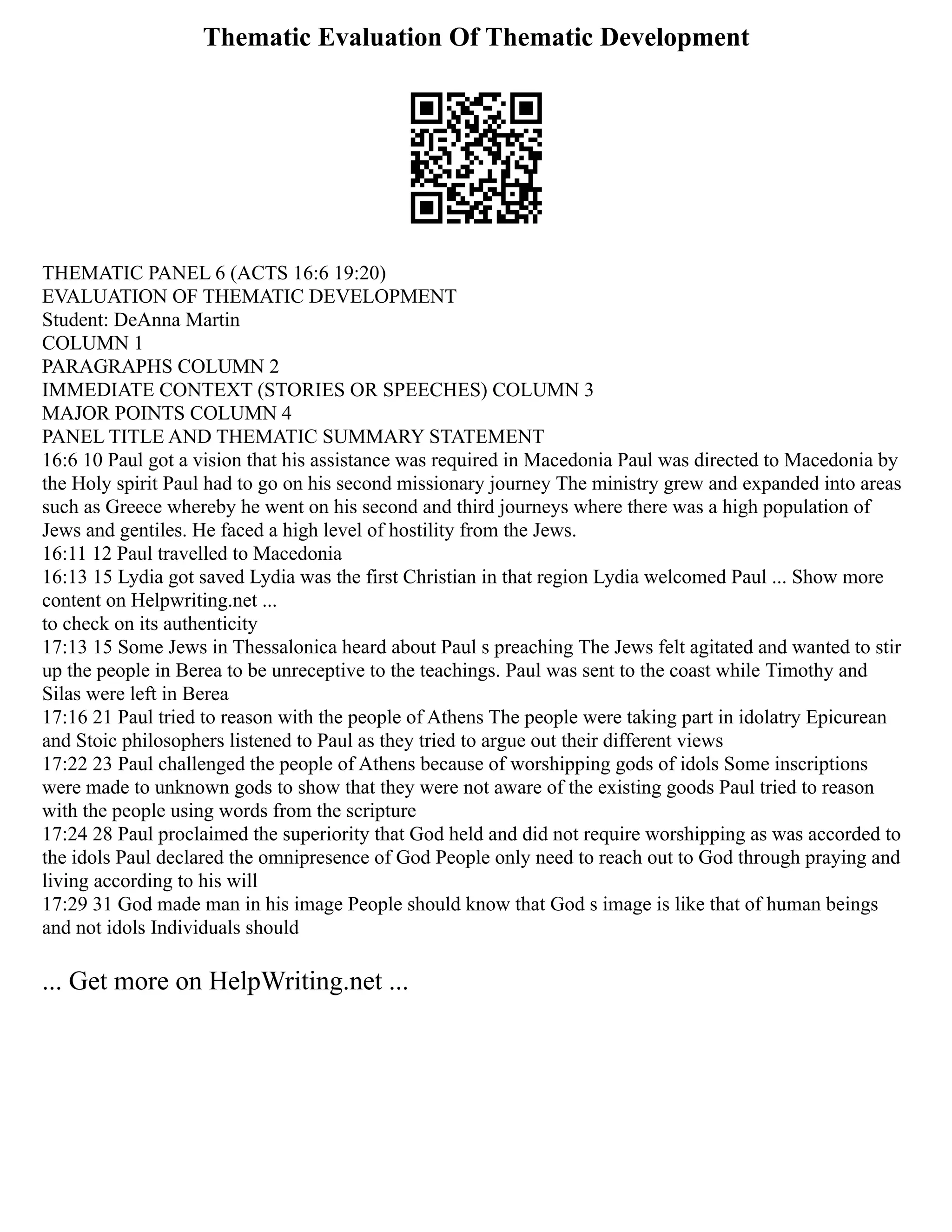 Thematic Evaluation Of Thematic Development
THEMATIC PANEL 6 (ACTS 16:6 19:20)
EVALUATION OF THEMATIC DEVELOPMENT
Student: DeAnna Martin
COLUMN 1
PARAGRAPHS COLUMN 2
IMMEDIATE CONTEXT (STORIES OR SPEECHES) COLUMN 3
MAJOR POINTS COLUMN 4
PANEL TITLE AND THEMATIC SUMMARY STATEMENT
16:6 10 Paul got a vision that his assistance was required in Macedonia Paul was directed to Macedonia by
the Holy spirit Paul had to go on his second missionary journey The ministry grew and expanded into areas
such as Greece whereby he went on his second and third journeys where there was a high population of
Jews and gentiles. He faced a high level of hostility from the Jews.
16:11 12 Paul travelled to Macedonia
16:13 15 Lydia got saved Lydia was the first Christian in that region Lydia welcomed Paul ... Show more
content on Helpwriting.net ...
to check on its authenticity
17:13 15 Some Jews in Thessalonica heard about Paul s preaching The Jews felt agitated and wanted to stir
up the people in Berea to be unreceptive to the teachings. Paul was sent to the coast while Timothy and
Silas were left in Berea
17:16 21 Paul tried to reason with the people of Athens The people were taking part in idolatry Epicurean
and Stoic philosophers listened to Paul as they tried to argue out their different views
17:22 23 Paul challenged the people of Athens because of worshipping gods of idols Some inscriptions
were made to unknown gods to show that they were not aware of the existing goods Paul tried to reason
with the people using words from the scripture
17:24 28 Paul proclaimed the superiority that God held and did not require worshipping as was accorded to
the idols Paul declared the omnipresence of God People only need to reach out to God through praying and
living according to his will
17:29 31 God made man in his image People should know that God s image is like that of human beings
and not idols Individuals should
... Get more on HelpWriting.net ...
 