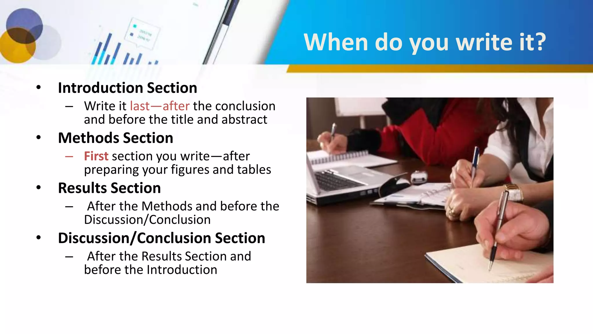 When do you write it?
• Introduction Section
– Write it last—after the conclusion
and before the title and abstract
• Methods Section
– First section you write—after
preparing your figures and tables
• Results Section
– After the Methods and before the
Discussion/Conclusion
• Discussion/Conclusion Section
– After the Results Section and
before the Introduction
 