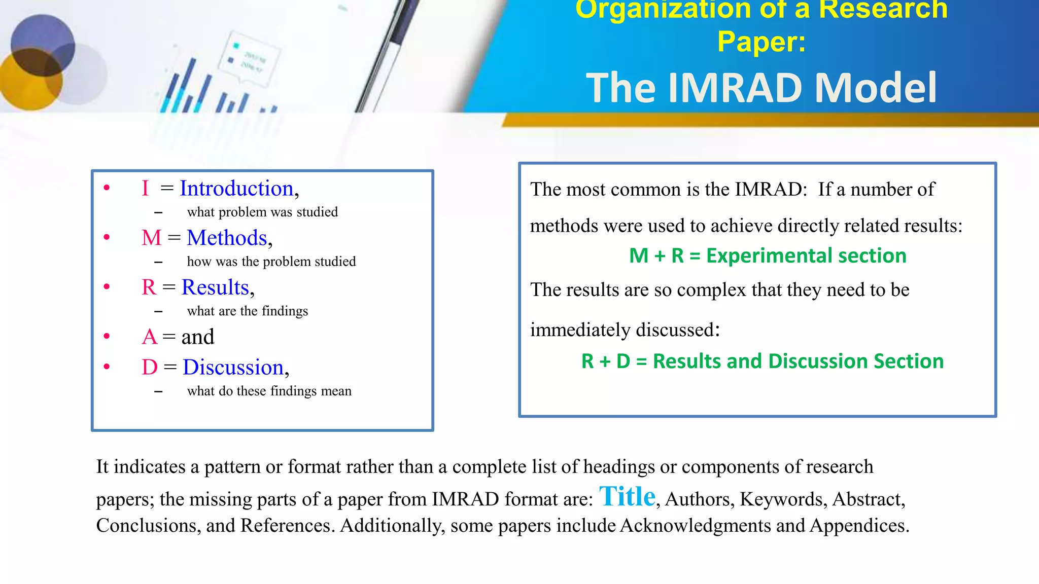 • I = Introduction,
– what problem was studied
• M = Methods,
– how was the problem studied
• R = Results,
– what are the findings
• A = and
• D = Discussion,
– what do these findings mean
Organization of a Research
Paper:
The IMRAD Model
The most common is the IMRAD: If a number of
methods were used to achieve directly related results:
M + R = Experimental section
The results are so complex that they need to be
immediately discussed:
R + D = Results and Discussion Section
It indicates a pattern or format rather than a complete list of headings or components of research
papers; the missing parts of a paper from IMRAD format are: Title, Authors, Keywords, Abstract,
Conclusions, and References. Additionally, some papers include Acknowledgments and Appendices.
 