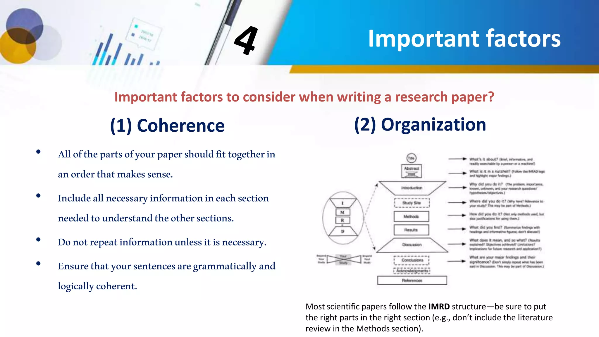 (1) Coherence
• Allofthepartsofyourpapershouldfittogetherin
anorderthatmakessense.
• Includeallnecessaryinformationineachsection
neededtounderstandtheothersections.
• Donotrepeatinformationunlessitisnecessary.
• Ensurethatyoursentencesaregrammaticallyand
logicallycoherent.
(2) Organization
Most scientific papers follow the IMRD structure—be sure to put
the right parts in the right section (e.g., don’t include the literature
review in the Methods section).
Important factors
Important factors to consider when writing a research paper?
 