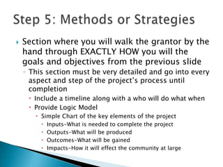    Section where you will walk the grantor by the
    hand through EXACTLY HOW you will the
    goals and objectives from the previous slide
    ◦ This section must be very detailed and go into every
      aspect and step of the project’s process until
      completion
      Include a timeline along with a who will do what when
      Provide Logic Model
        Simple Chart of the key elements of the project
            Inputs-What is needed to complete the project
            Outputs-What will be produced
            Outcomes-What will be gained
            Impacts-How it will effect the community at large
 