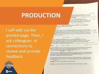 PRODUCTION
I self-edit via the
printed page. Then, I
ask colleagues or
connections to
review and provide
feedback.
 