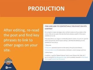 PRODUCTION
After editing, re-read
the post and find key
phrases to link to
other pages on your
site.
 
